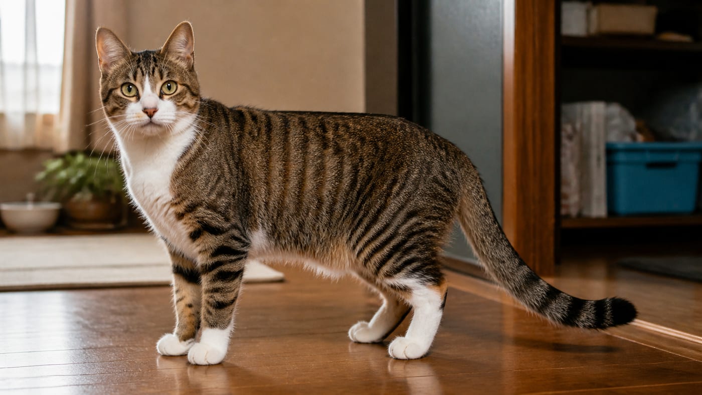 キジトラの縞模様に白い胸元と足先が入ったキジシロの猫