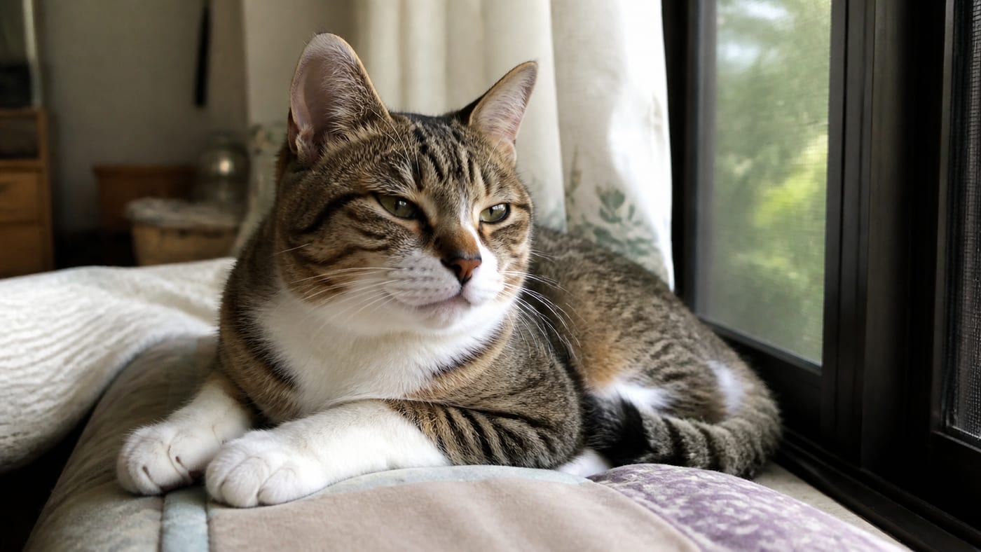 窓辺でくつろぐキジシロの猫の穏やかな表情