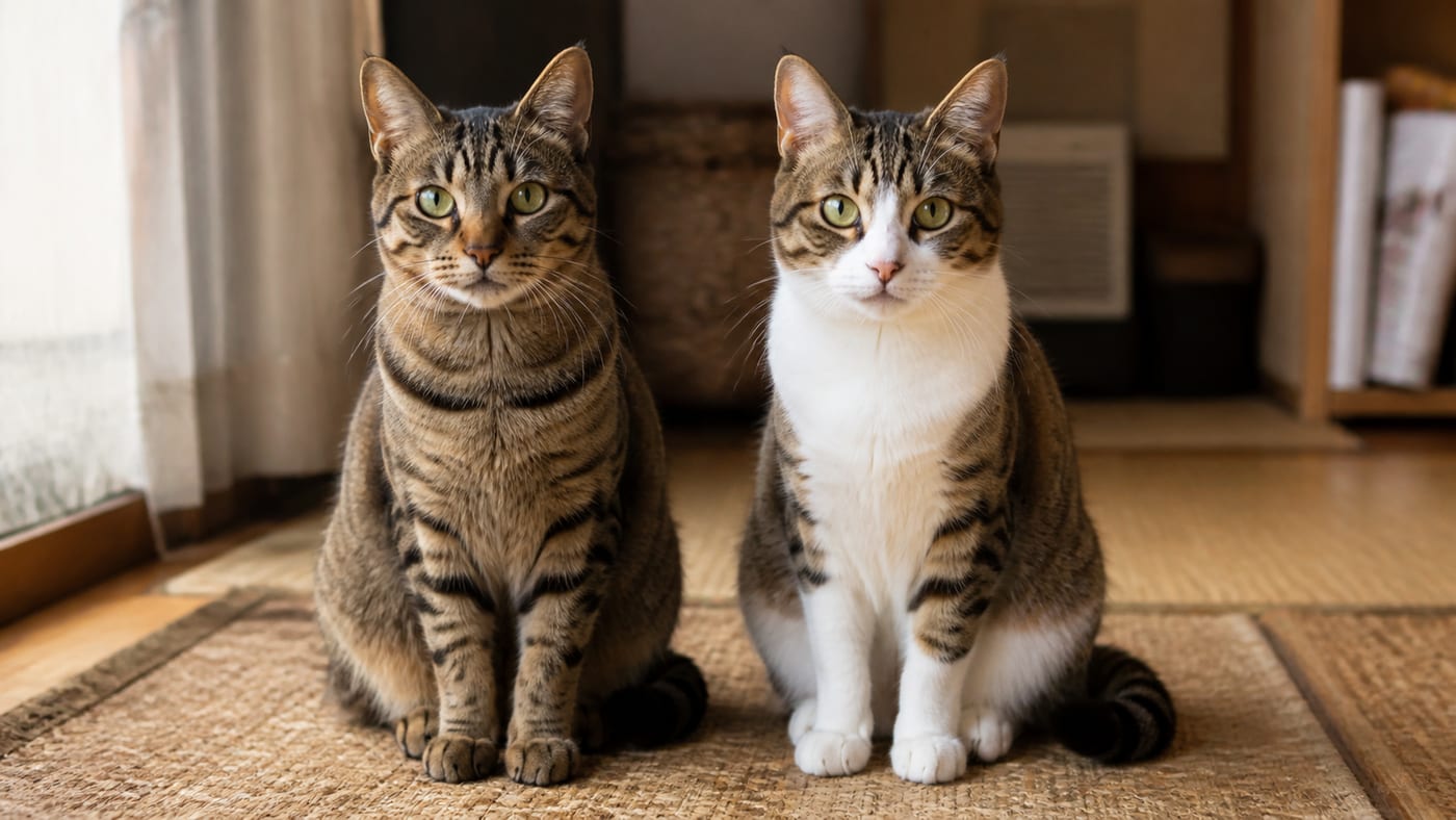 並んで座るキジトラとキジシロの猫。白斑の有無で印象が変わる