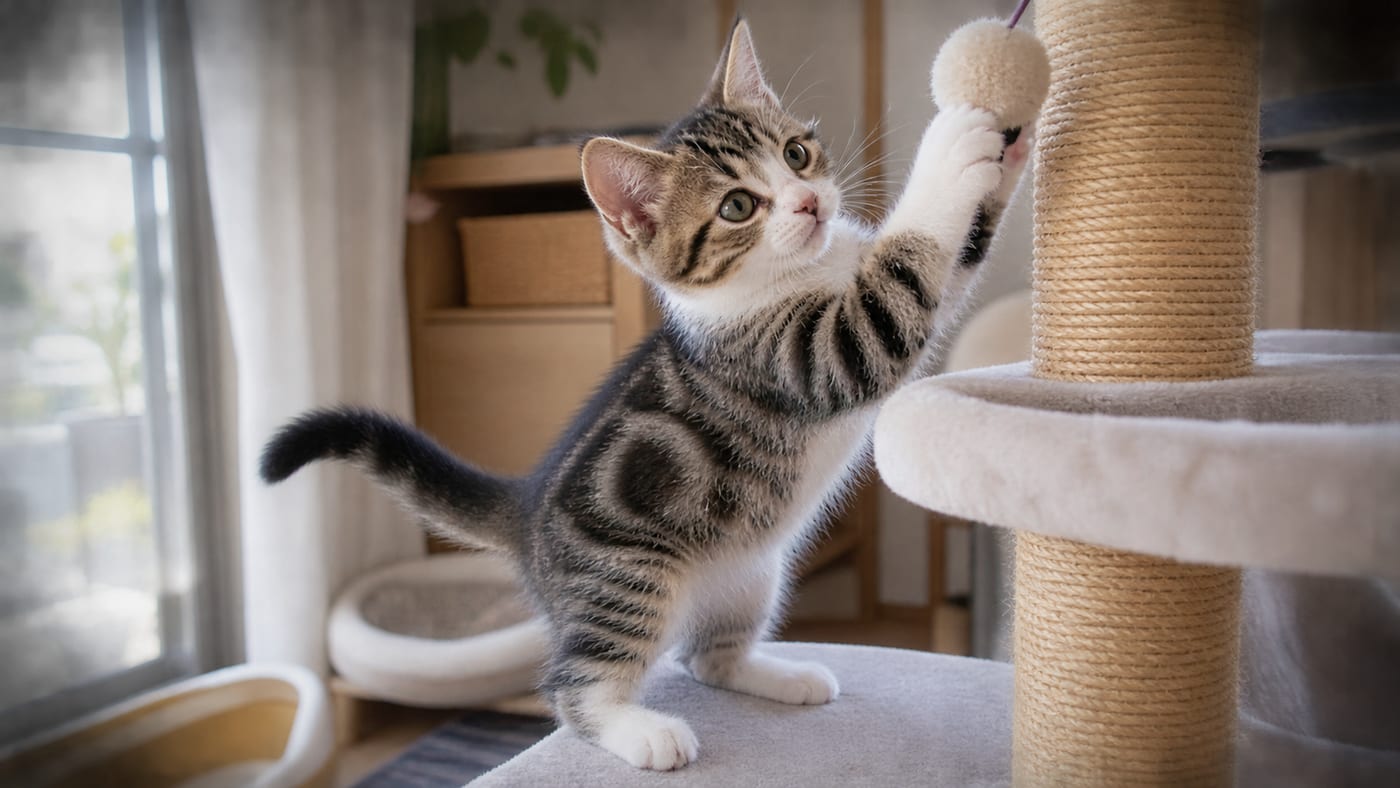 タビー×白のアメリカンショートヘアの子猫がキャットタワーで遊ぶ様子