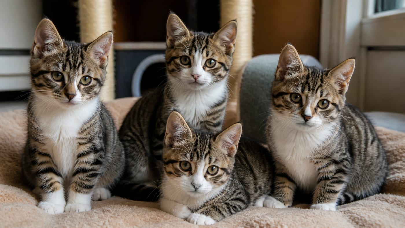 白の入り方が少しずつ違うタビー×白の子猫のきょうだいたち