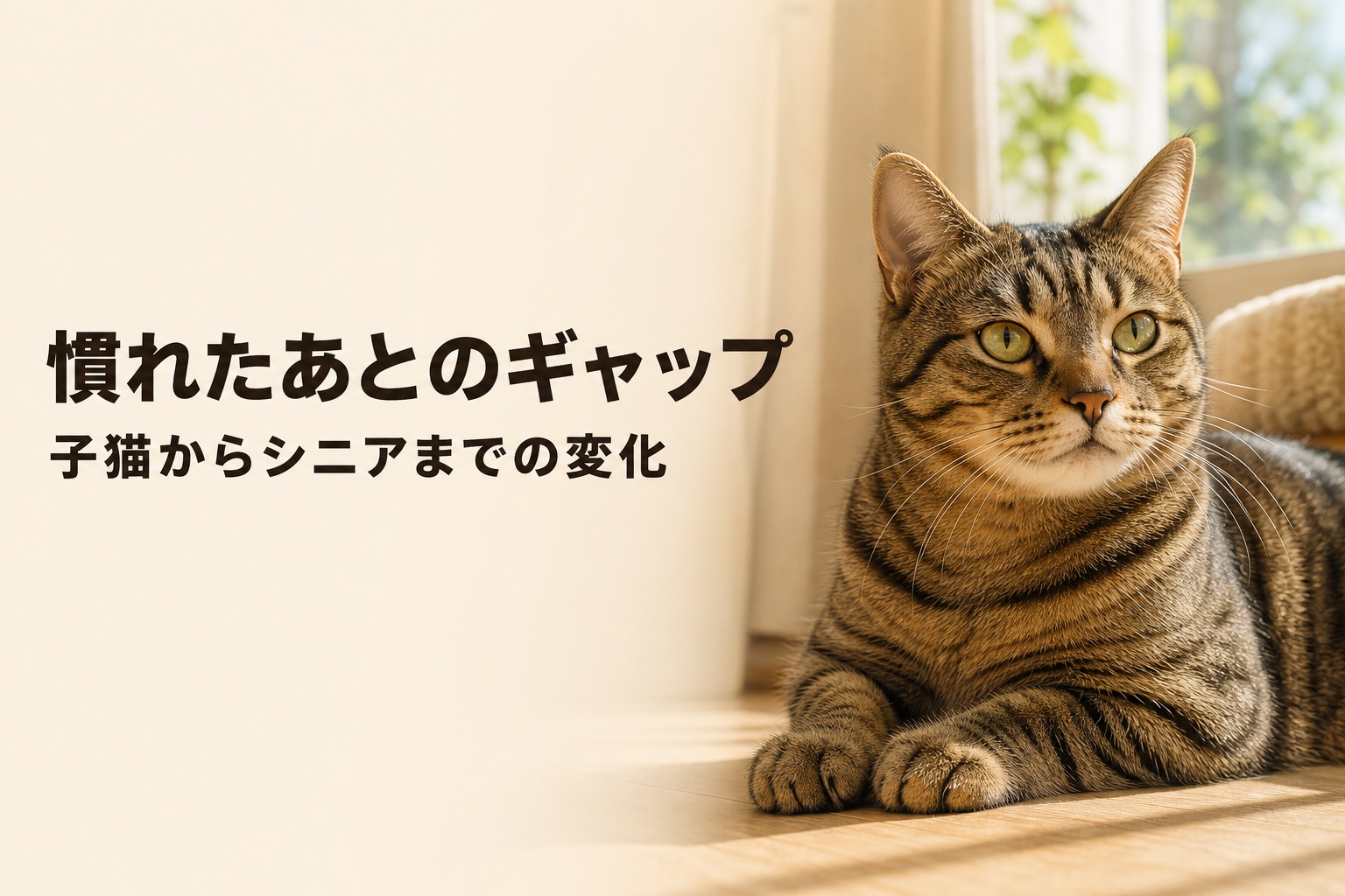 子猫からシニアまでの変化を伝える日本語コピー入りライフスタイルバナー