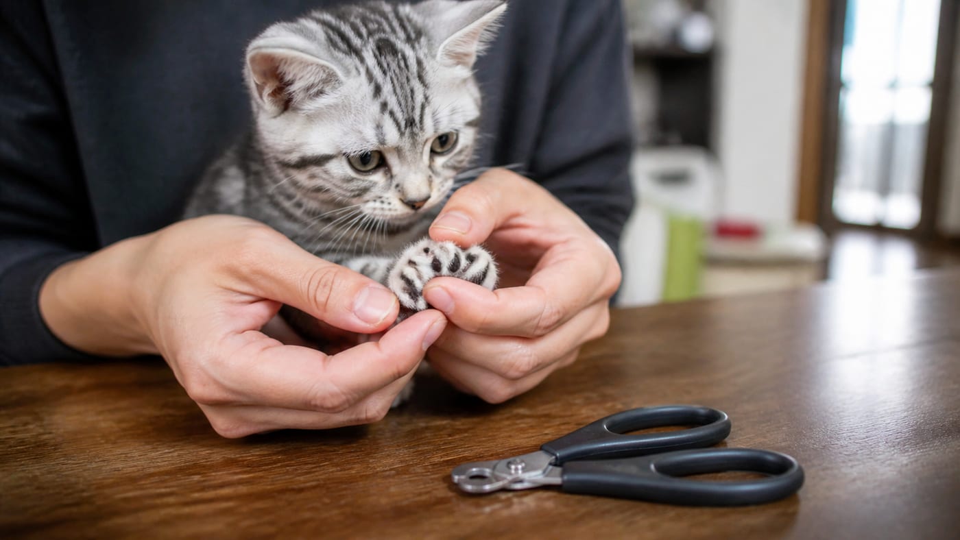 テーブルの上で子猫の足先にそっと触れながら爪の様子を確認するブリーダーの手元