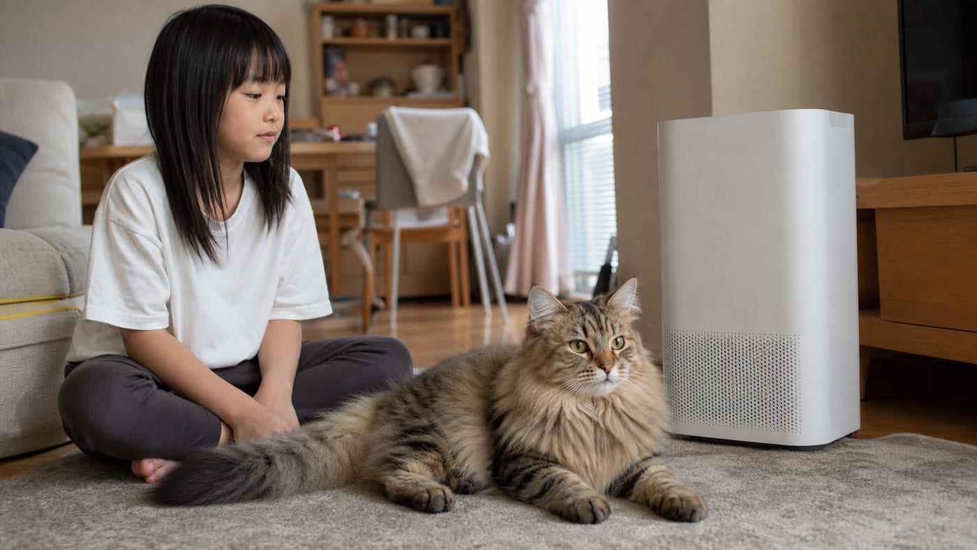 空気清浄機が置かれた部屋で、猫のそばに座る子供