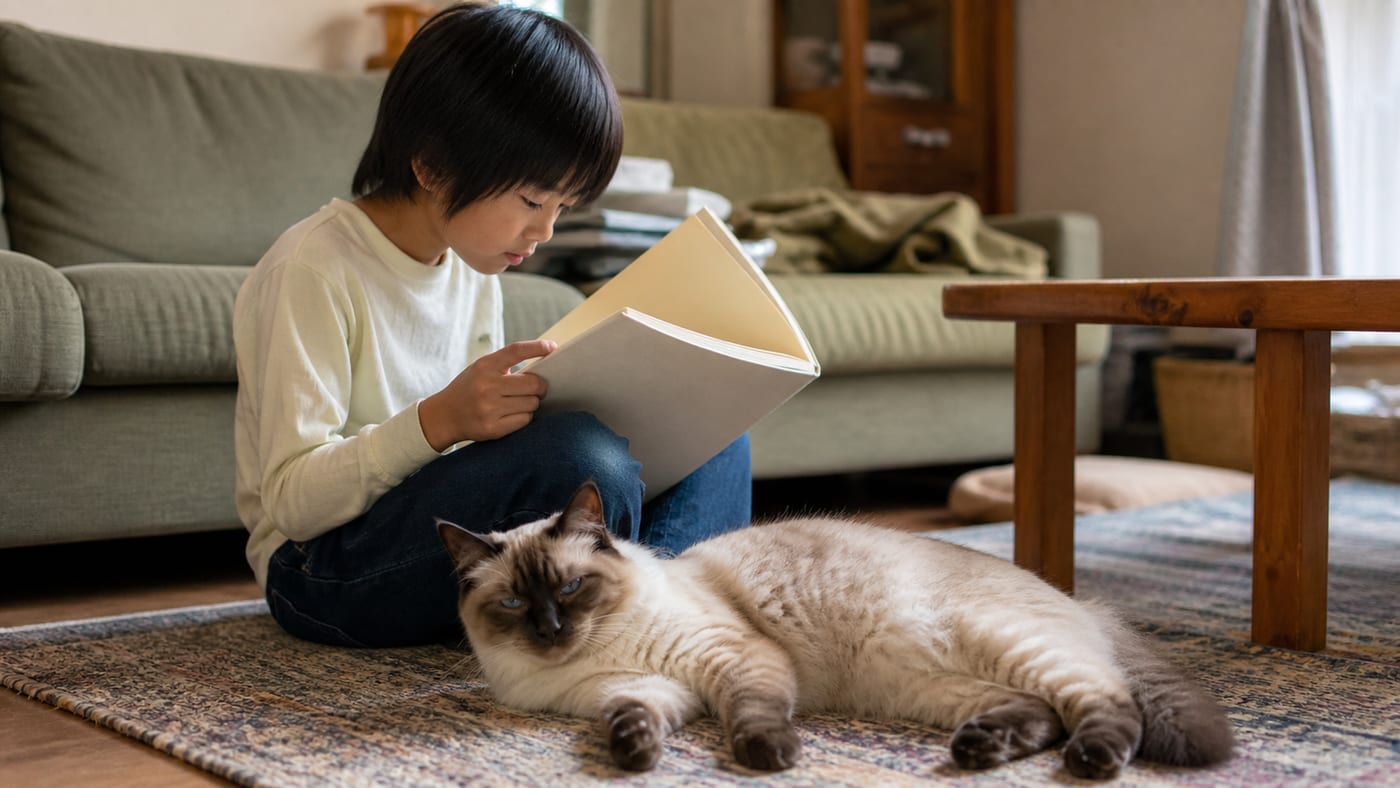 穏やかな表情でくつろぐ猫のそばに座る子供