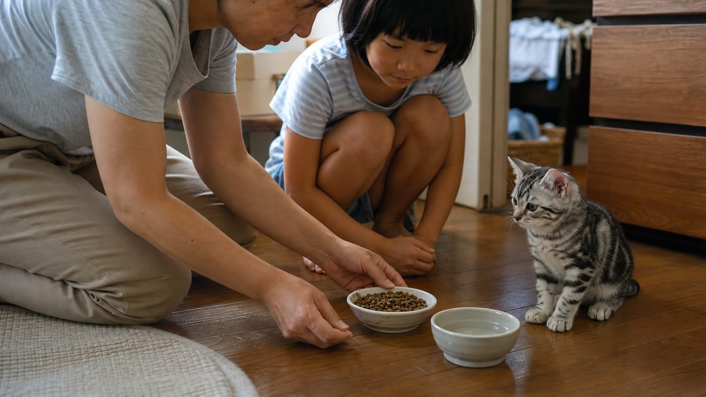猫のごはんの器を用意する親のそばで見守る子供
