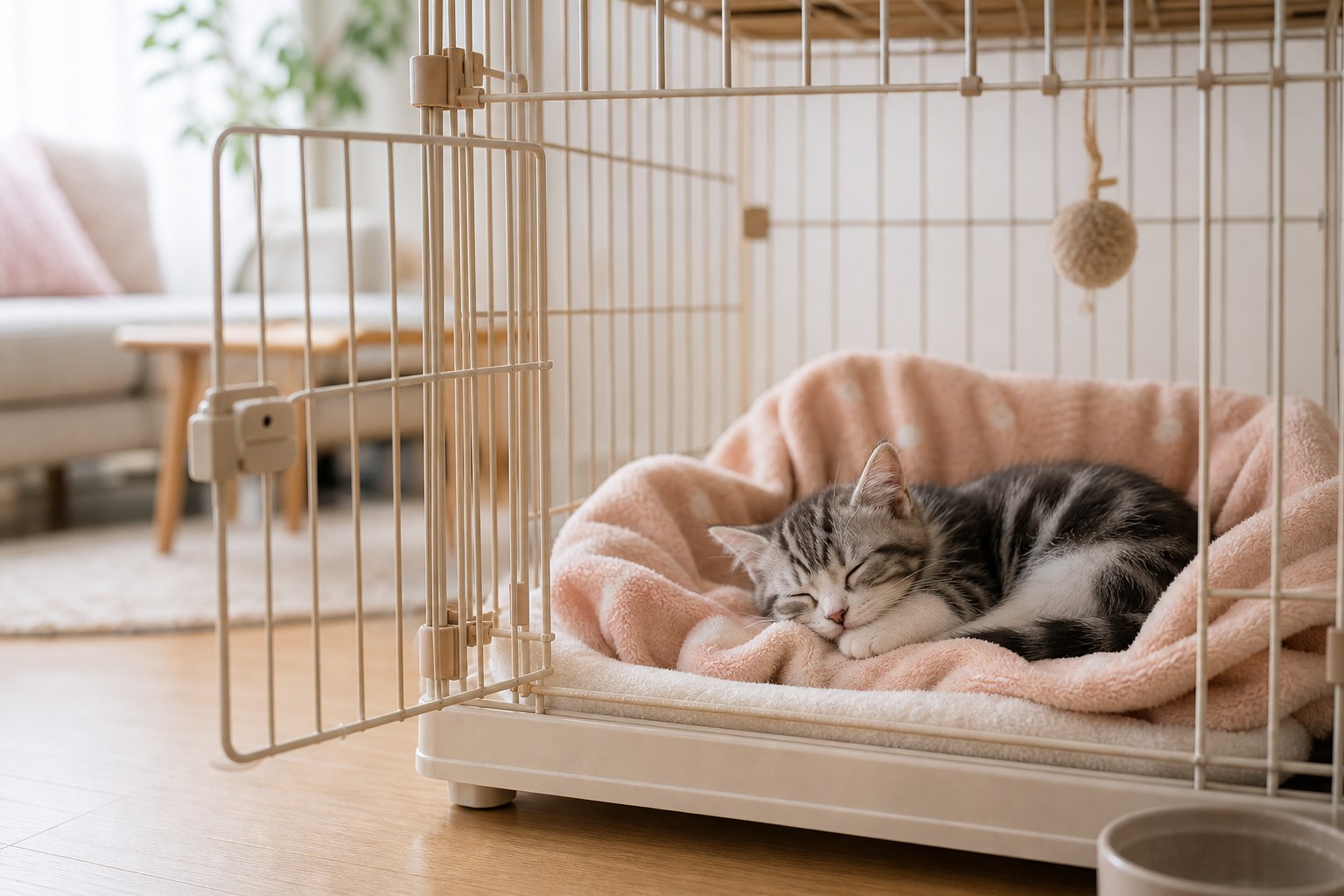 子猫がケージで安心して休む様子
