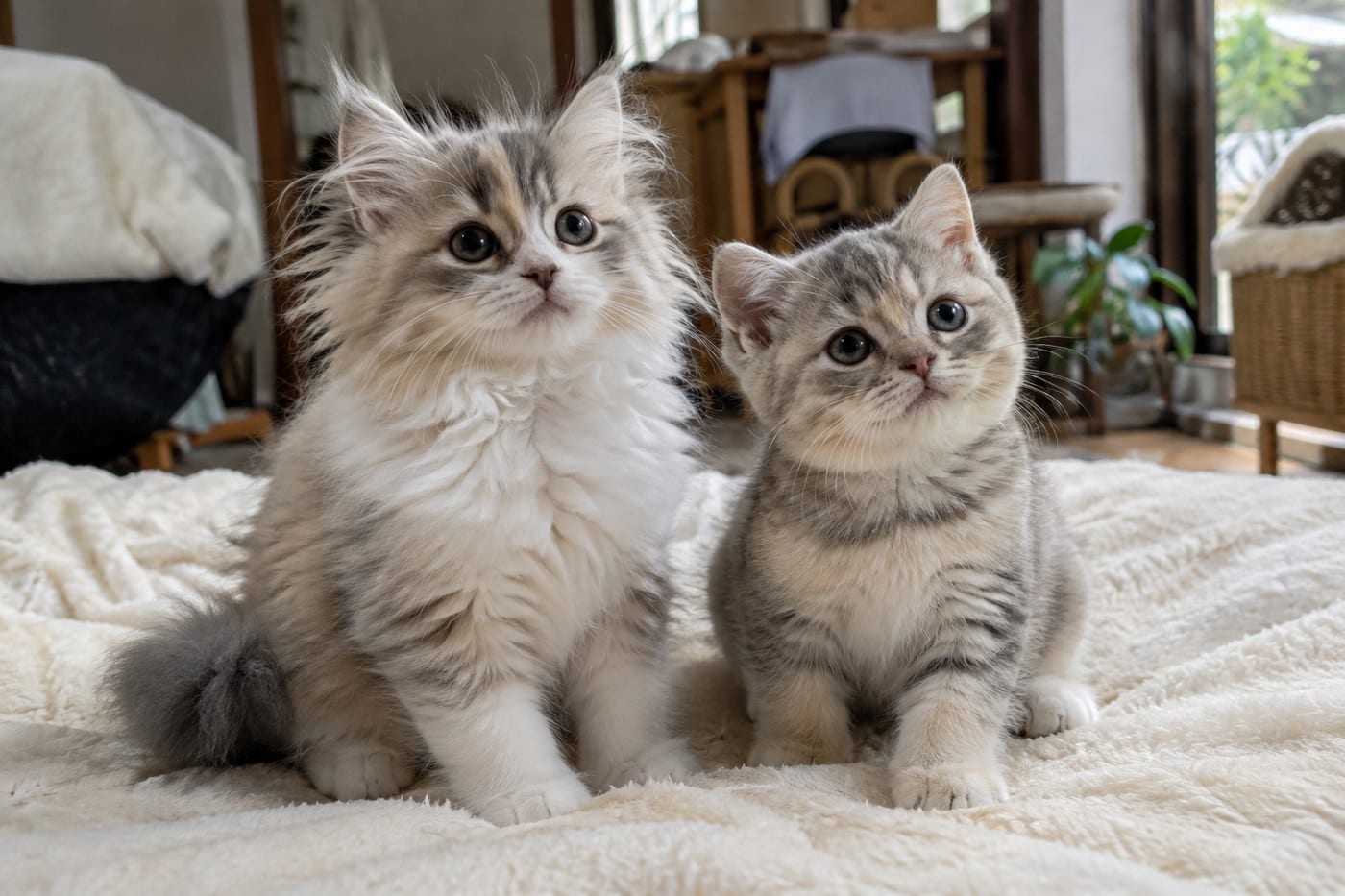 耳の先の毛がふわっと伸びた長毛のミヌエットの子猫と、毛が短くなめらかな短毛のミヌエットの子猫が、毛布の上に並んで座っている