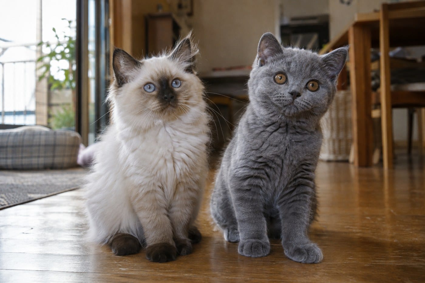 長毛のラグドールの子猫と、短毛のブリティッシュショートヘアの子猫が、床に並んで座っている