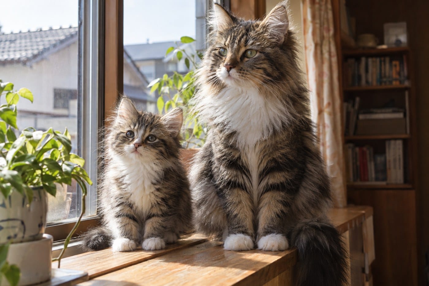 小さな生後2ヶ月ほどのノルウェージャンフォレストキャットの子猫と、ひとまわり大きく成長した生後6ヶ月ほどの若いノルウェージャンフォレストキャットが、窓辺に並んで座っている