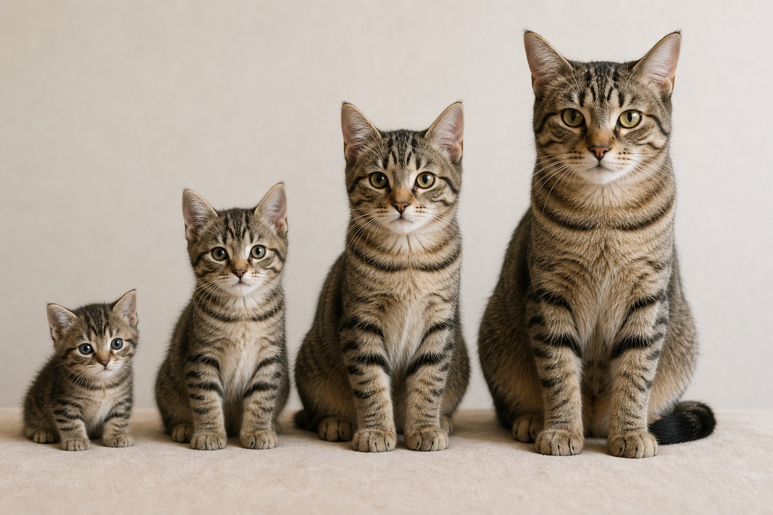 月齢の異なる子猫4頭が並ぶ成長比較写真