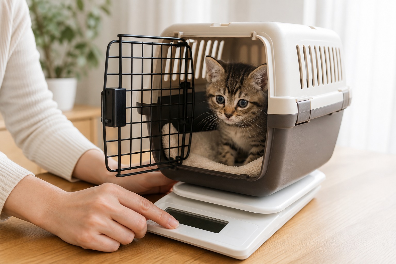 キャリーに入れた子猫を体重計で量る場面