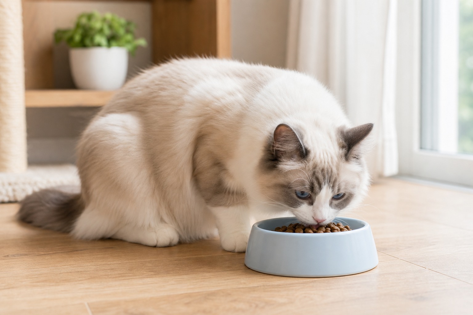 大型種の若猫がキトンフードを食べる写真