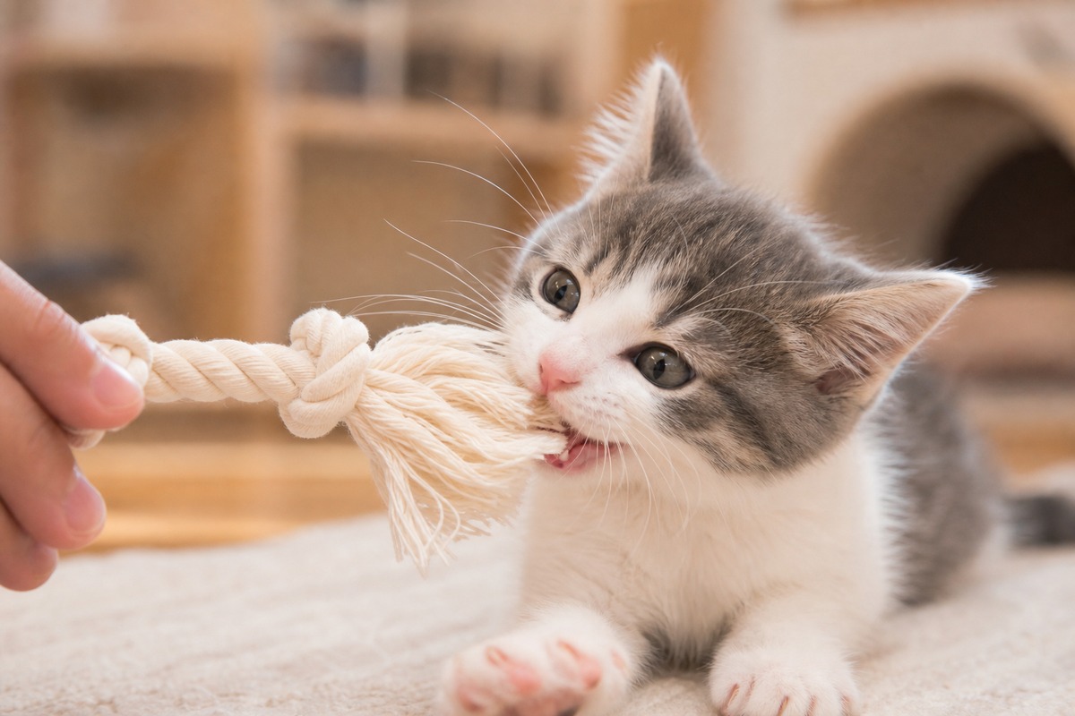 ロープを噛む子猫の生え変わりサイン
