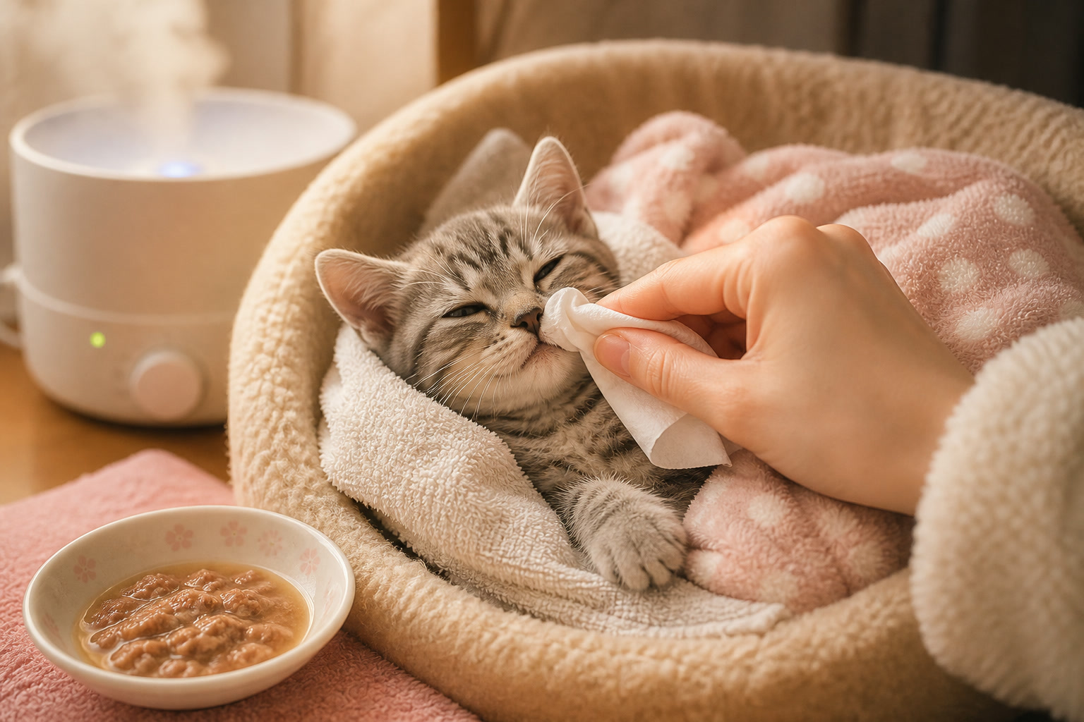 保温・鼻水ふき取り・ウェットフードで子猫を自宅ケアする様子