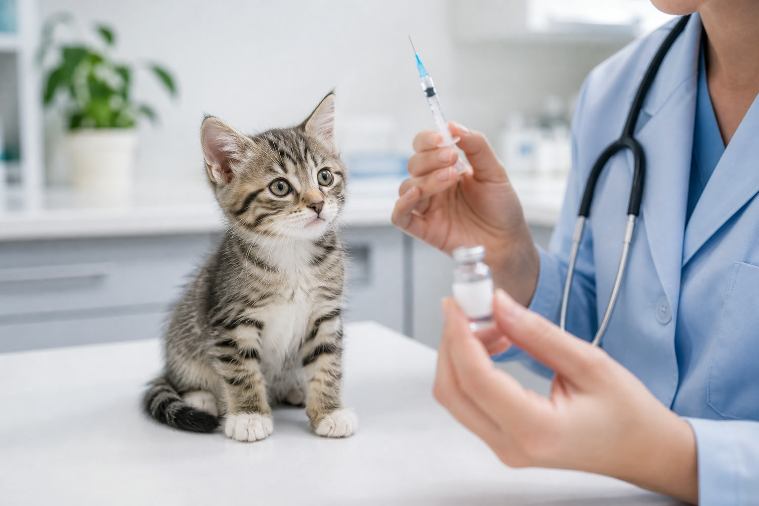 健康な子猫の動物病院でのワクチン接種・予防ケアの様子