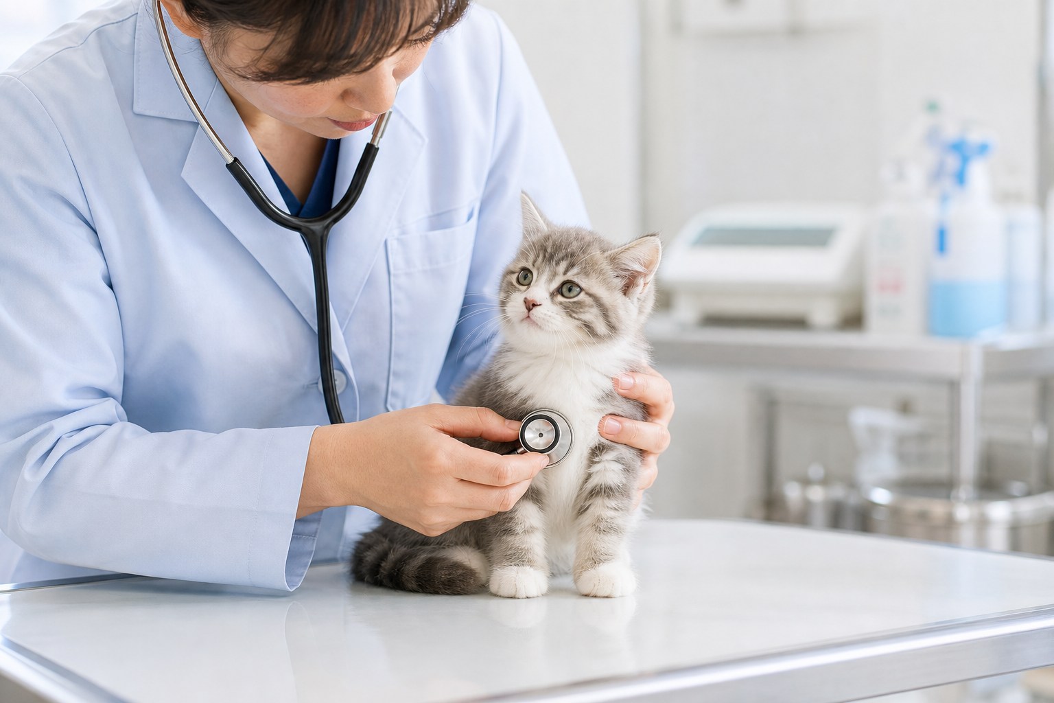 動物病院での子猫健康診断の様子