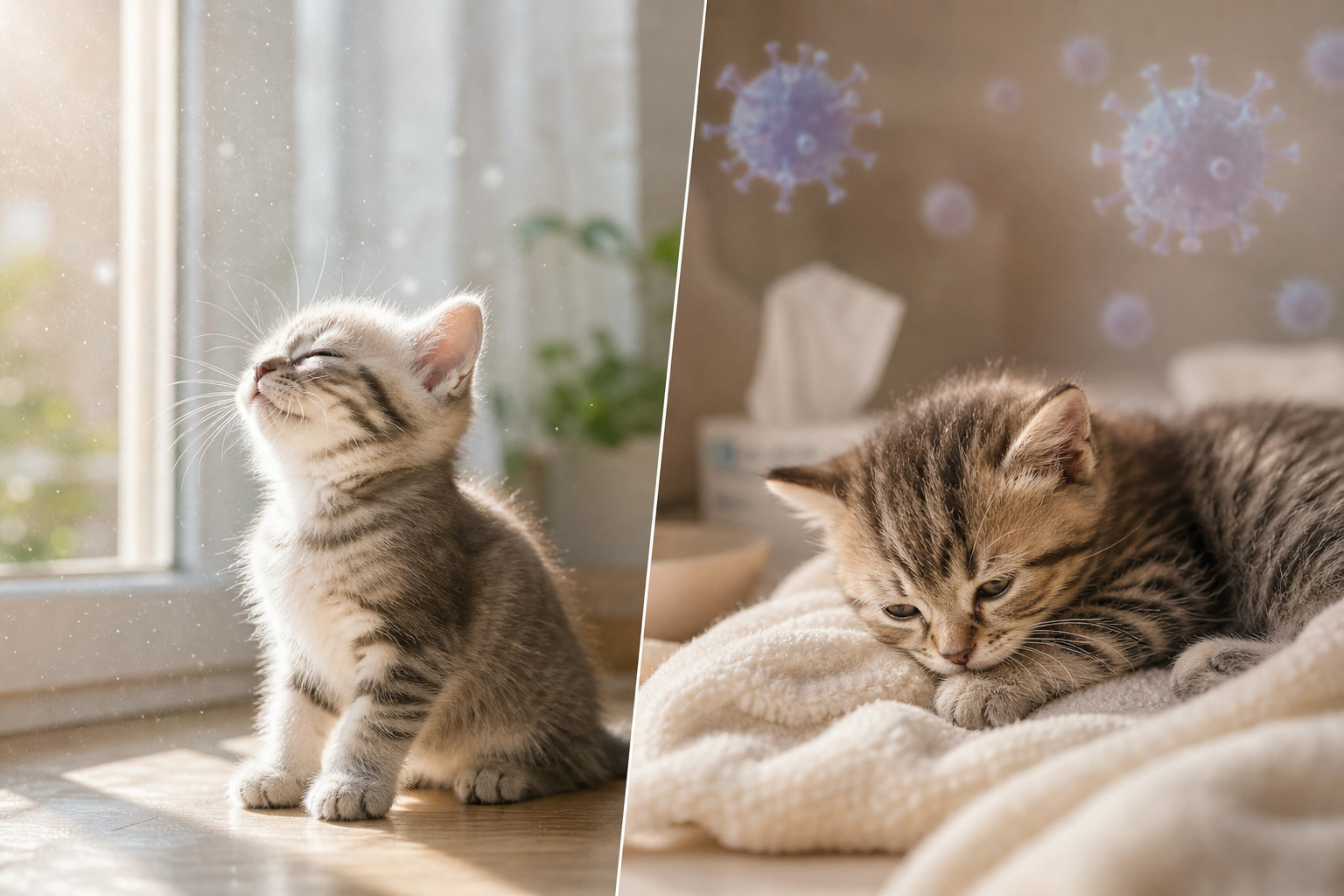 ホコリによる生理的くしゃみとウイルス感染による病的くしゃみの比較
