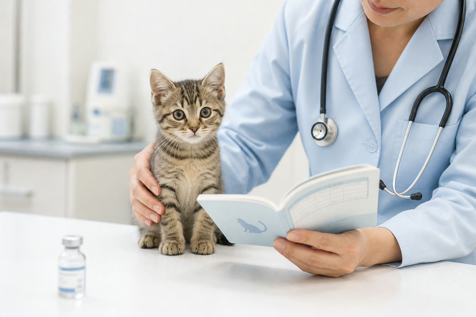 動物病院での子猫のワクチン接種・予防ケアの様子