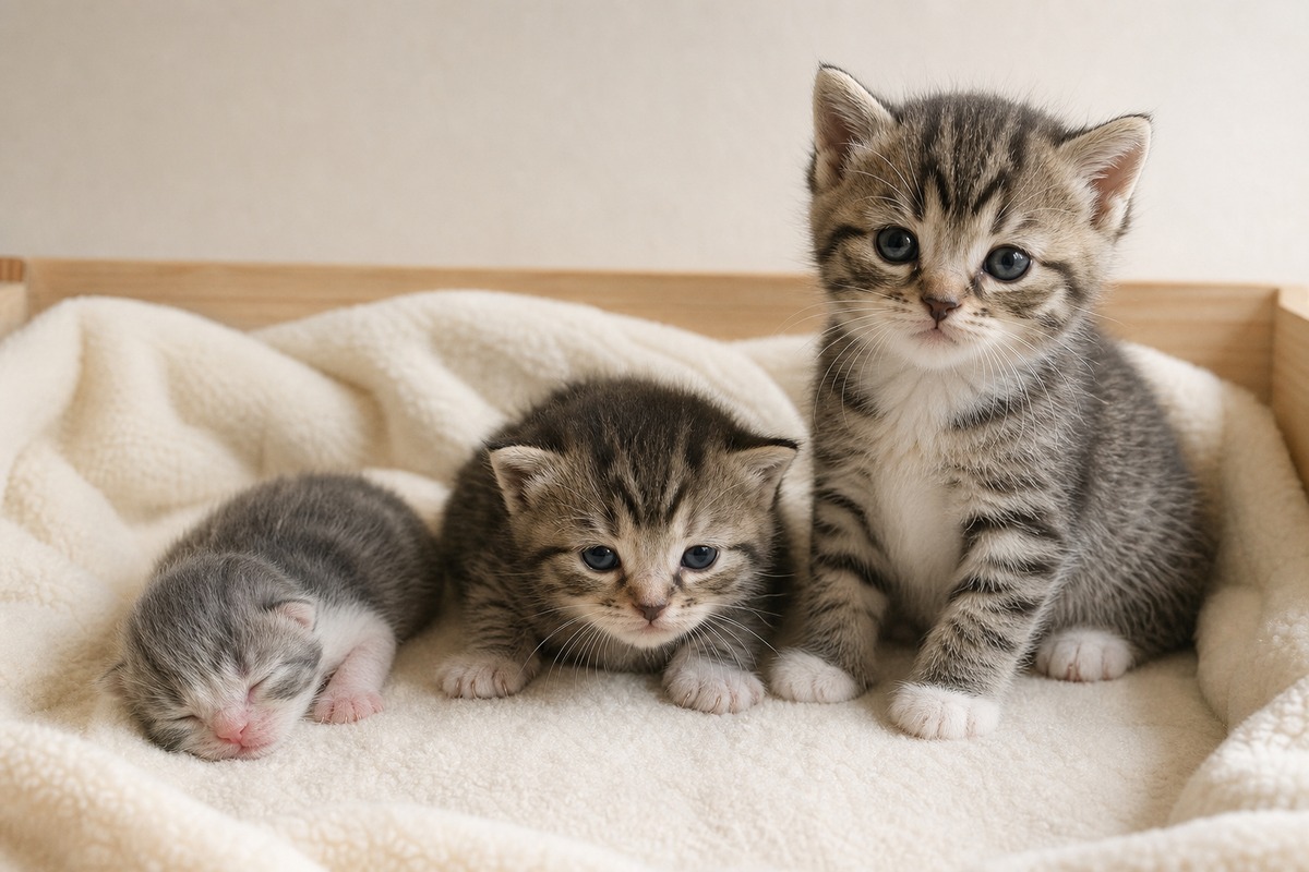 週齢別の子猫が並ぶ哺育期間のイメージ