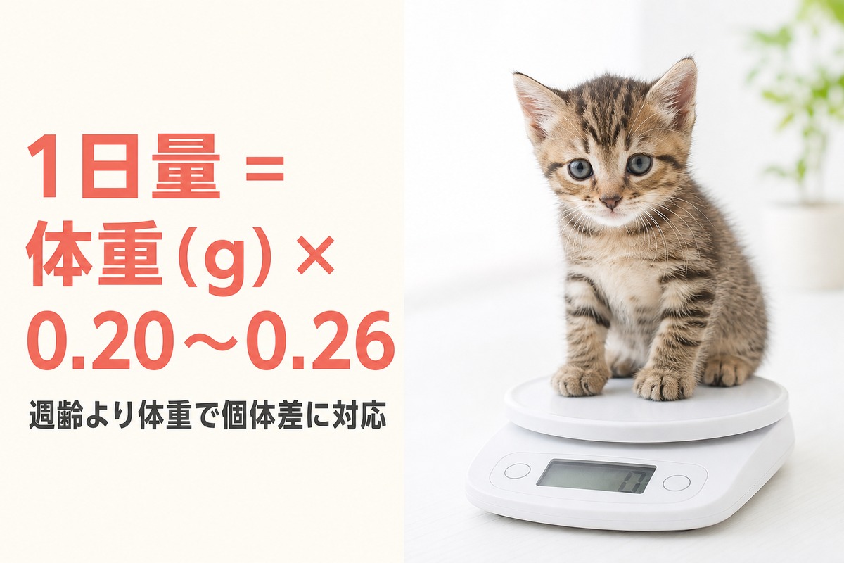 キッチンスケールで子猫の体重を測る場面