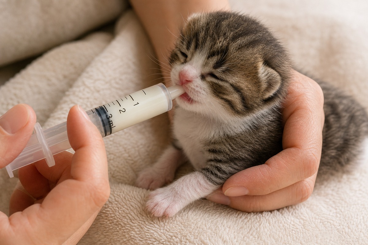シリンジで子猫の口角からゆっくり授乳する手元