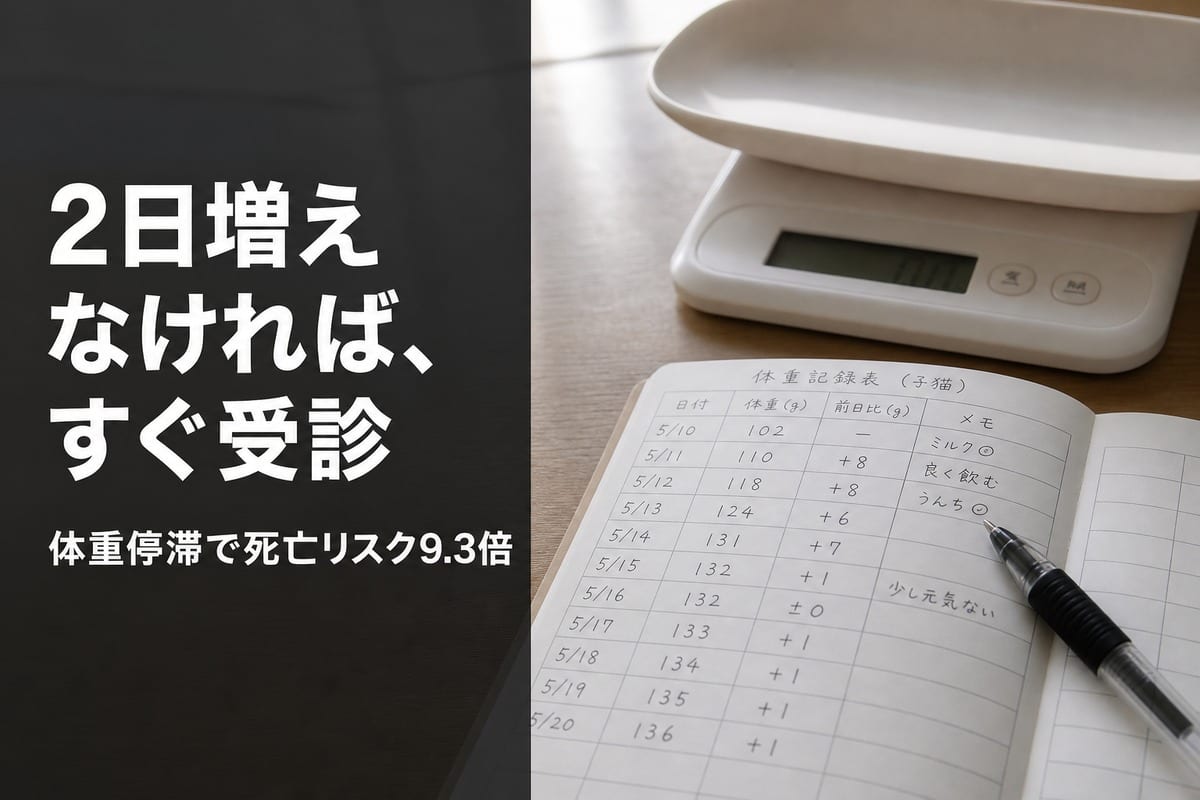 子猫用の体重記録表とキッチンスケール。日付ごとの体重と前日比が手書きで記入されている