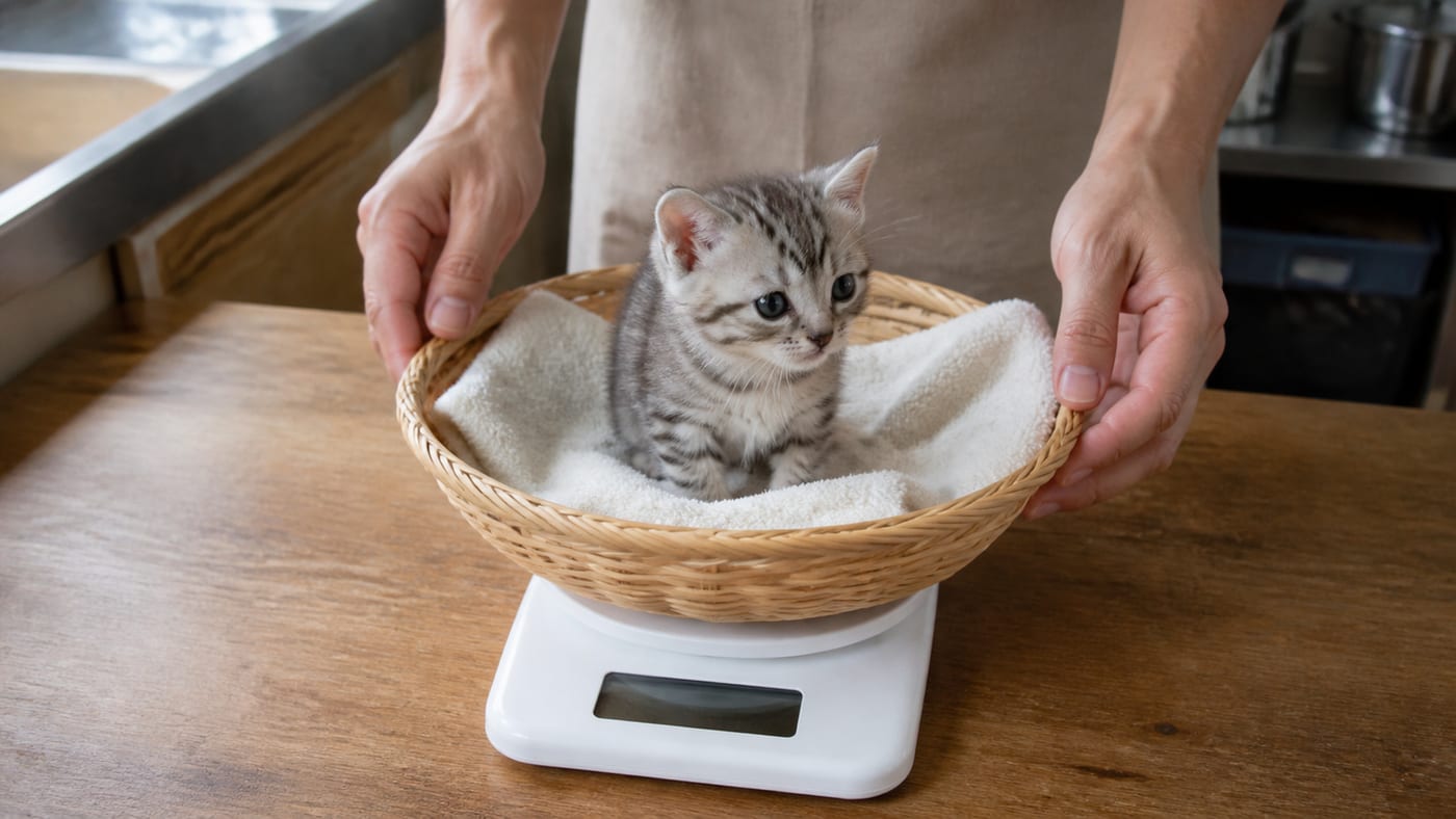 キッチンスケールに乗せたカゴの中で体重を測られている子猫