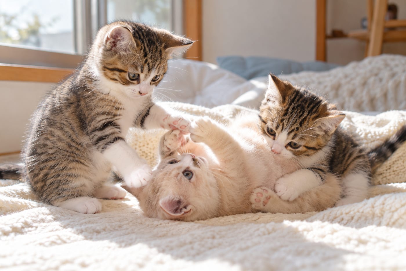 窓辺の毛布の上で、きょうだいの子猫たちがじゃれ合っている