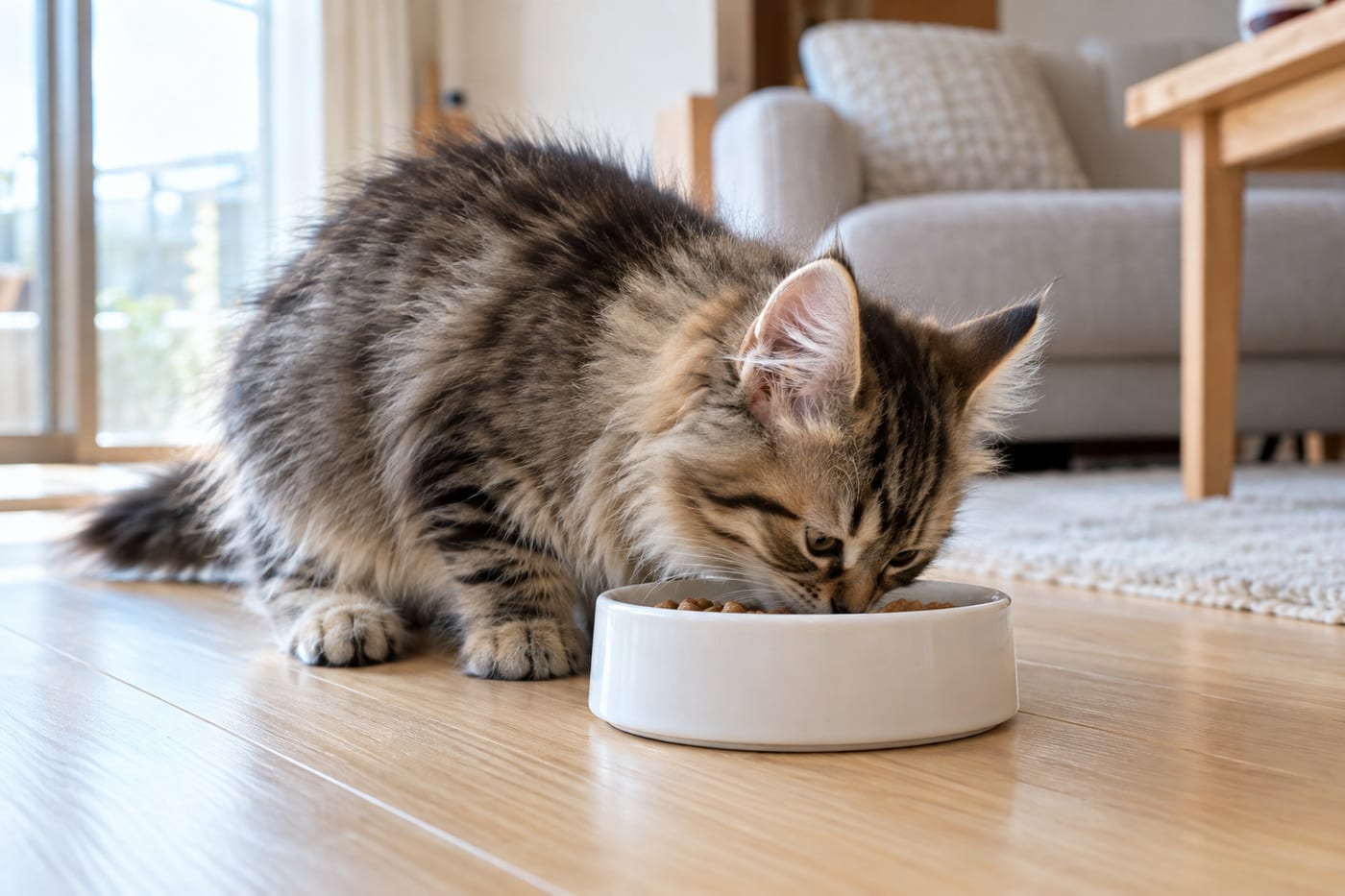 明るい部屋の床で、フードボウルに顔を寄せる、少し大きくなった子猫