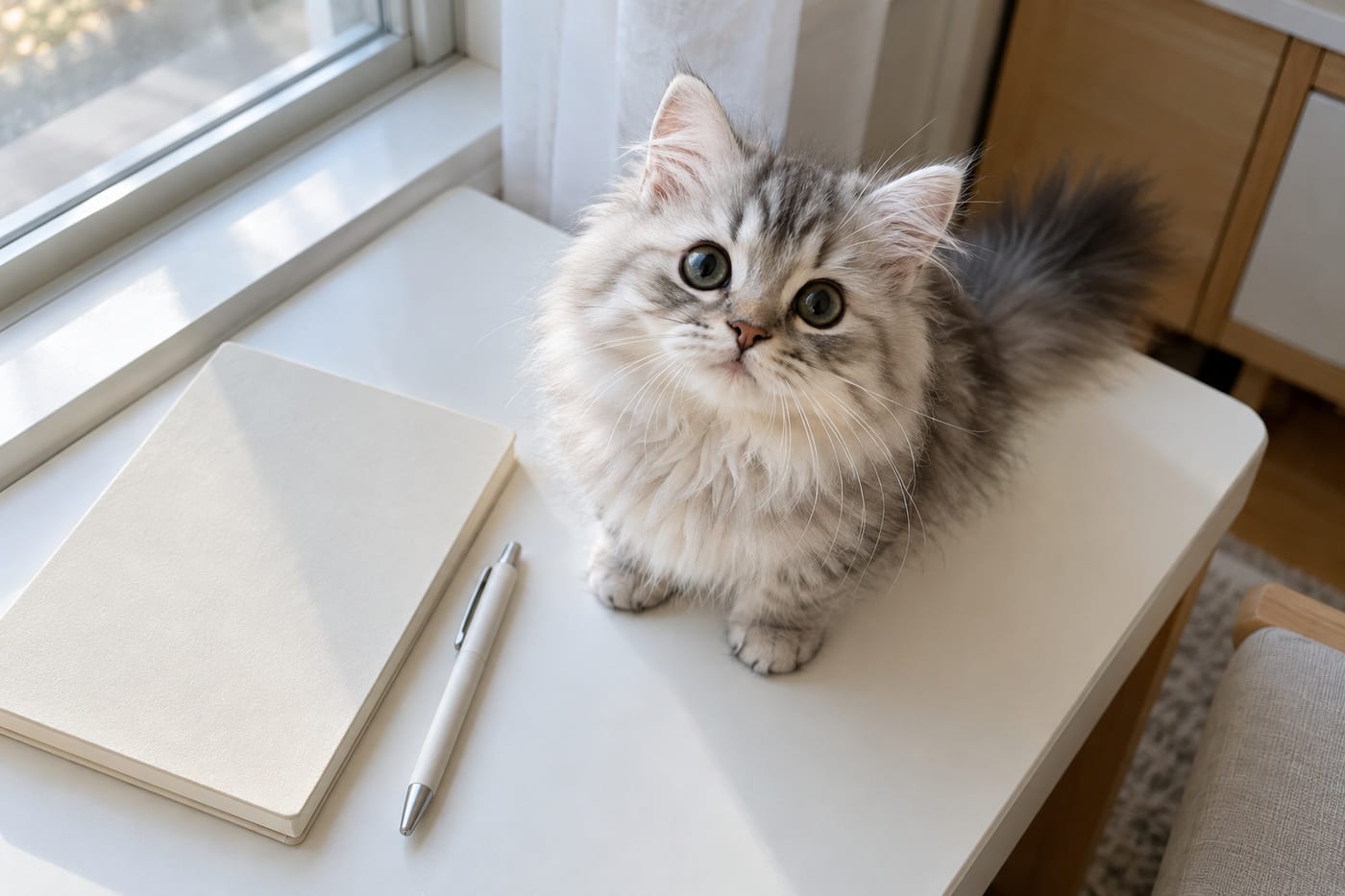 机の上のノートとペンのそばで、子猫がこちらをじっと見上げている