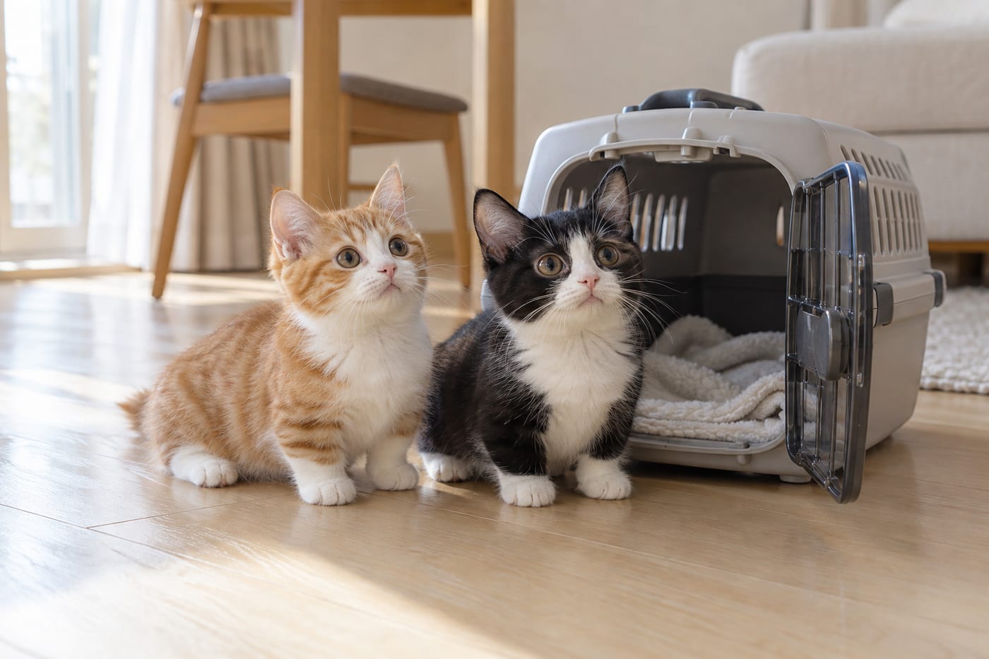 扉の開いたキャリーのそばで、並んで座る2頭の子猫