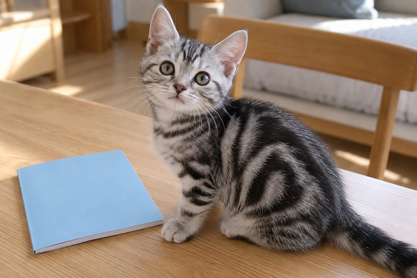ワクチンの記録用の小さな手帳と、そばで見上げる子猫