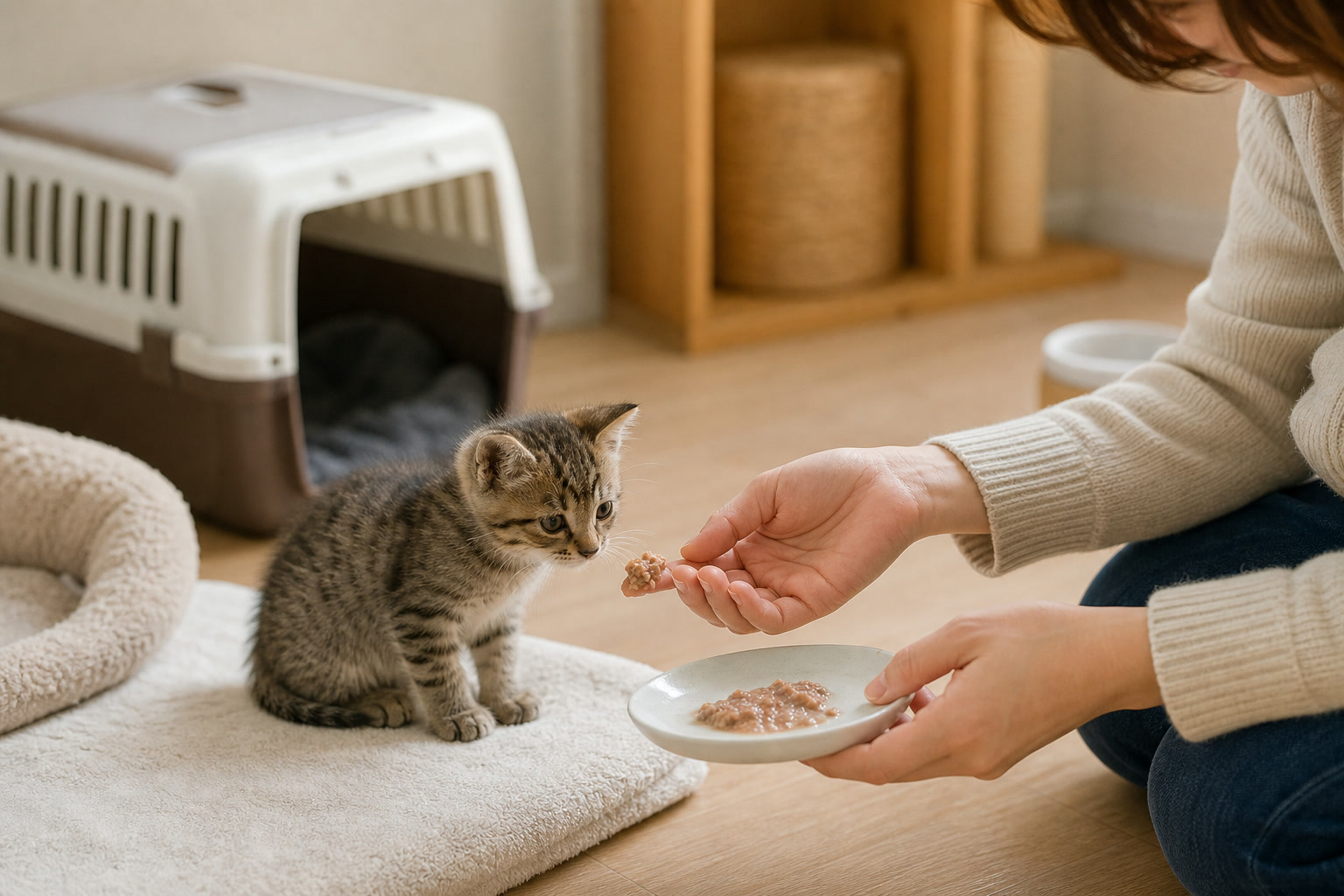 食べない子猫に温度・テクスチャーを調整しながら離乳食を差し出す様子