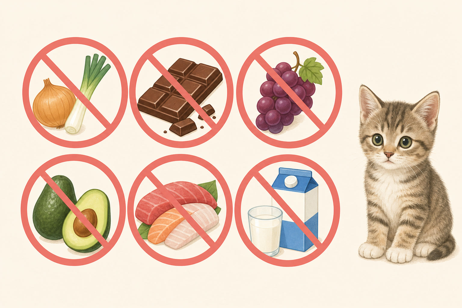 子猫に与えてはいけないNG食材一覧・玉ねぎ・チョコレート・ぶどう等の禁止マーク付きイラスト