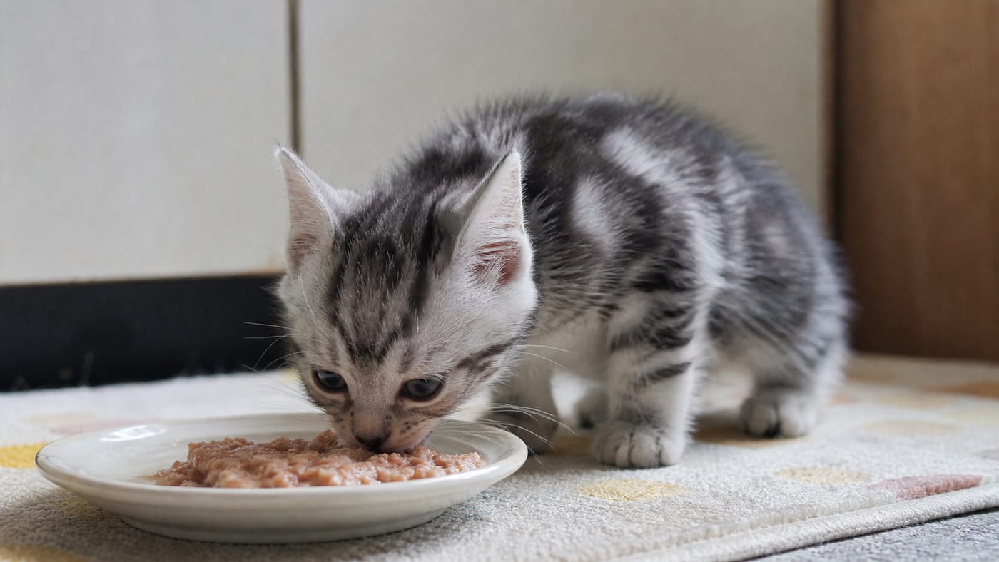 浅い皿のふやかしたごはんに顔を近づけて食べている、生後1ヶ月ほどの子猫
