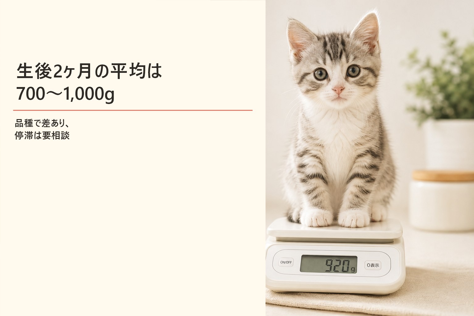 生後2ヶ月の平均体重700〜1,000g