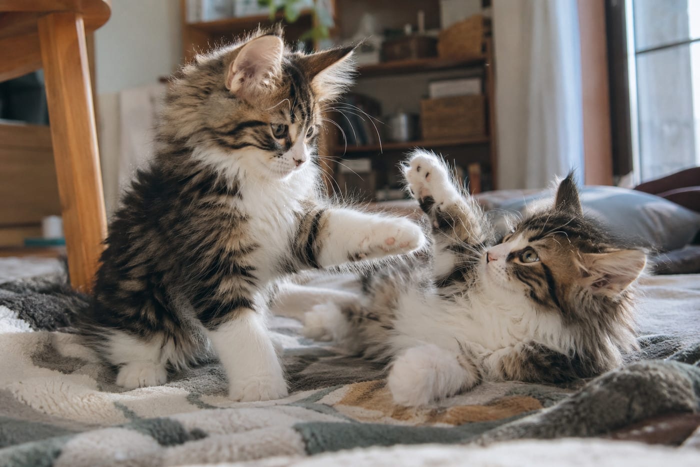 毛布の上でじゃれ合う、大きさの少し違う2匹のノルウェージャンフォレストキャットの子猫