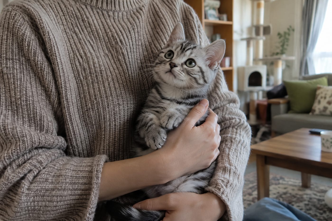 人の腕の中で顔を上げる、目の澄んだアメリカンショートヘアの子猫