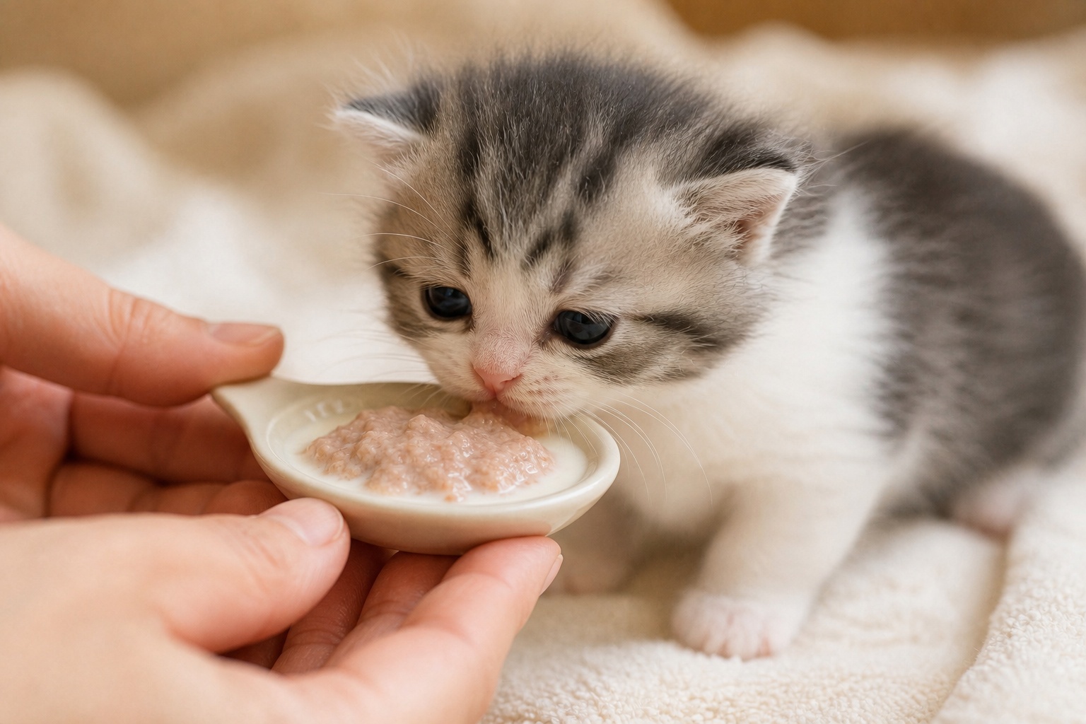 スプーンで離乳食を与える子猫。ミルクからドライへ向かう移行のスタート