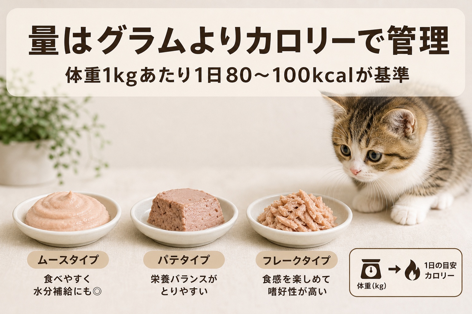 ムース・パテ・フレークのウェット3タイプと、量はグラムよりカロリーで管理する目安