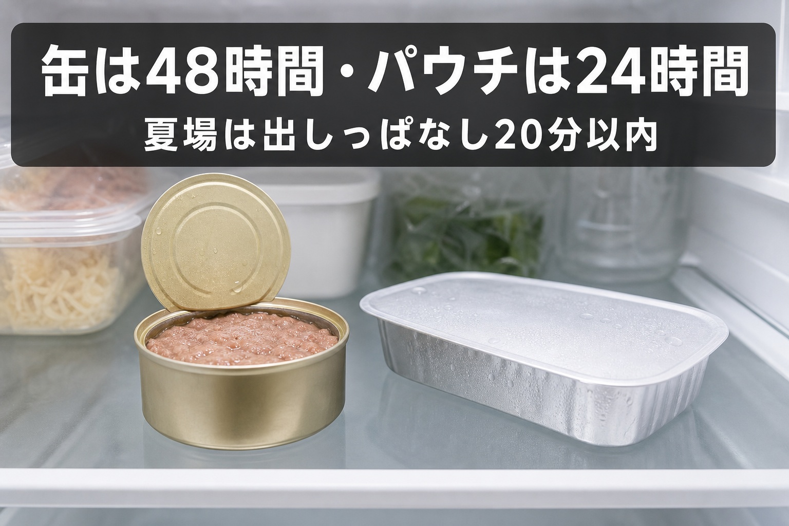 開封後の缶詰・パウチの冷蔵保存の目安。缶は48時間・パウチは24時間