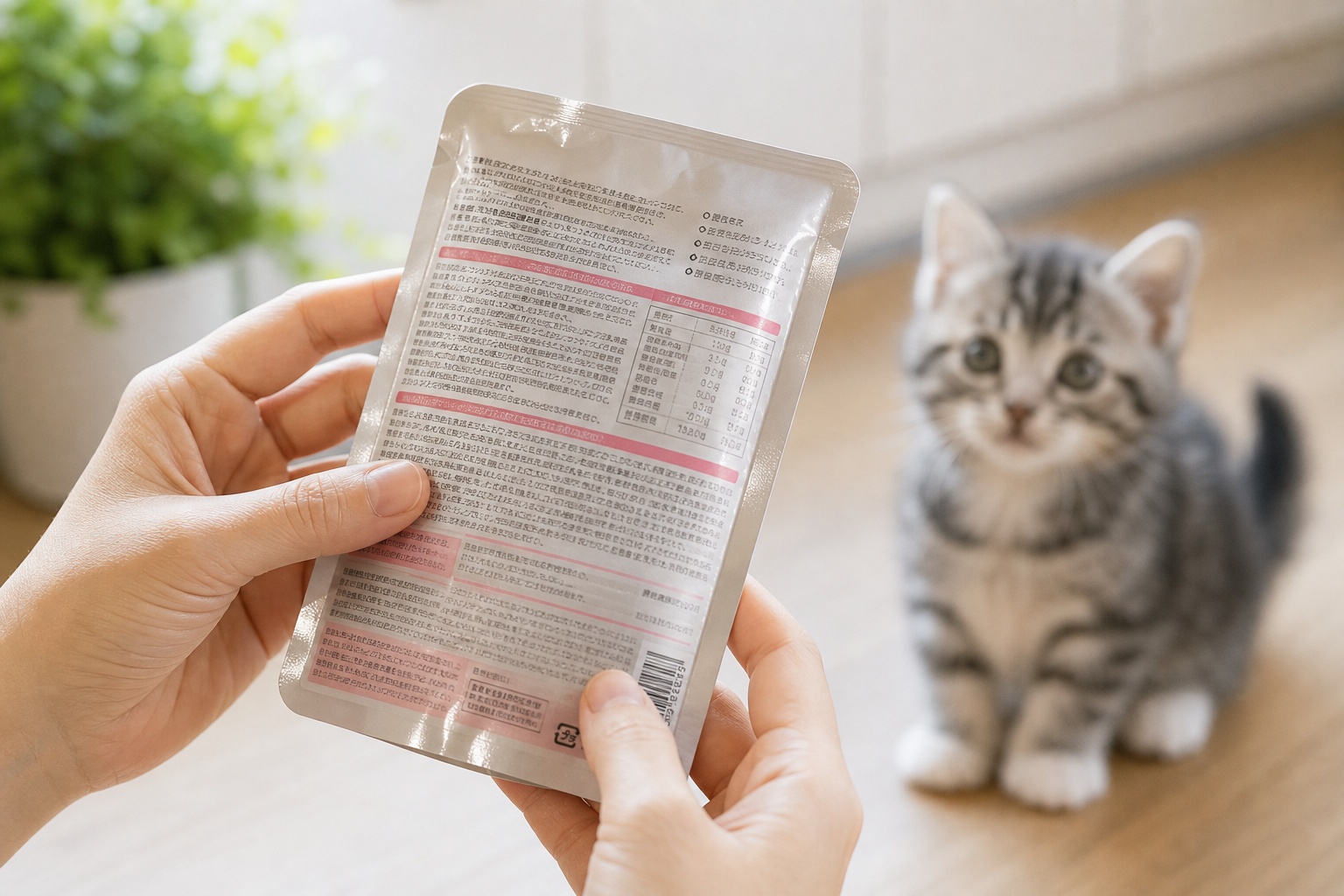 子猫用フードのパッケージ裏の成分表示を確認する様子