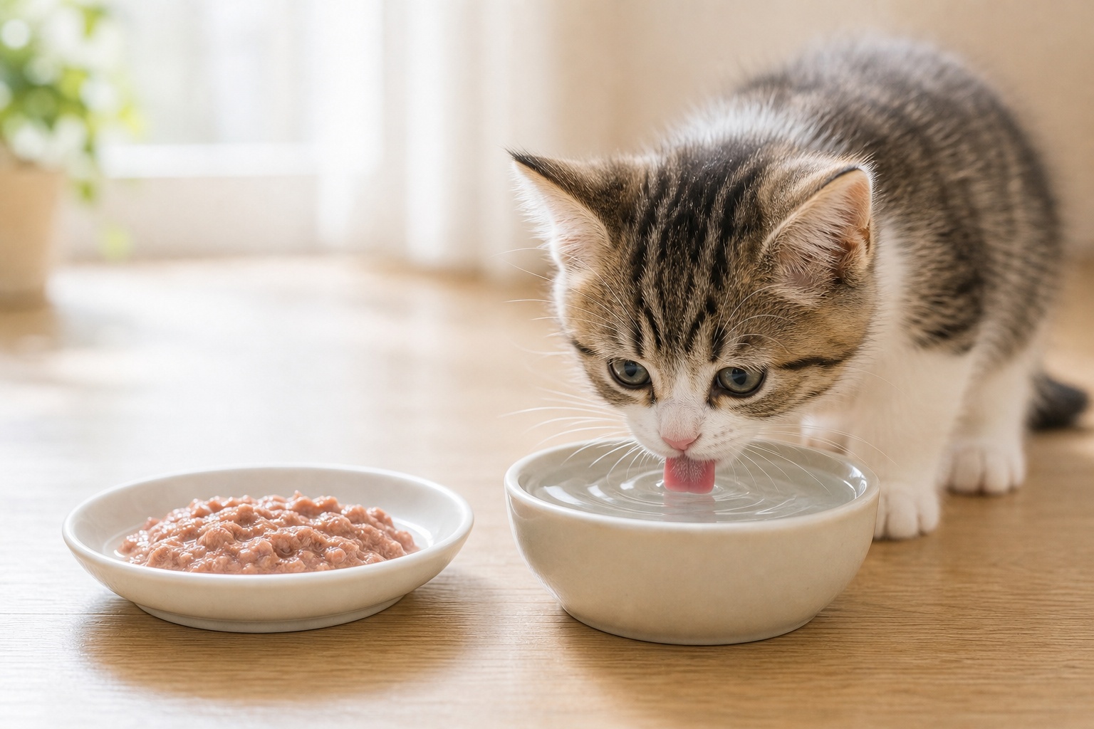ふやかし期の子猫がウェットフードと水を口にする様子