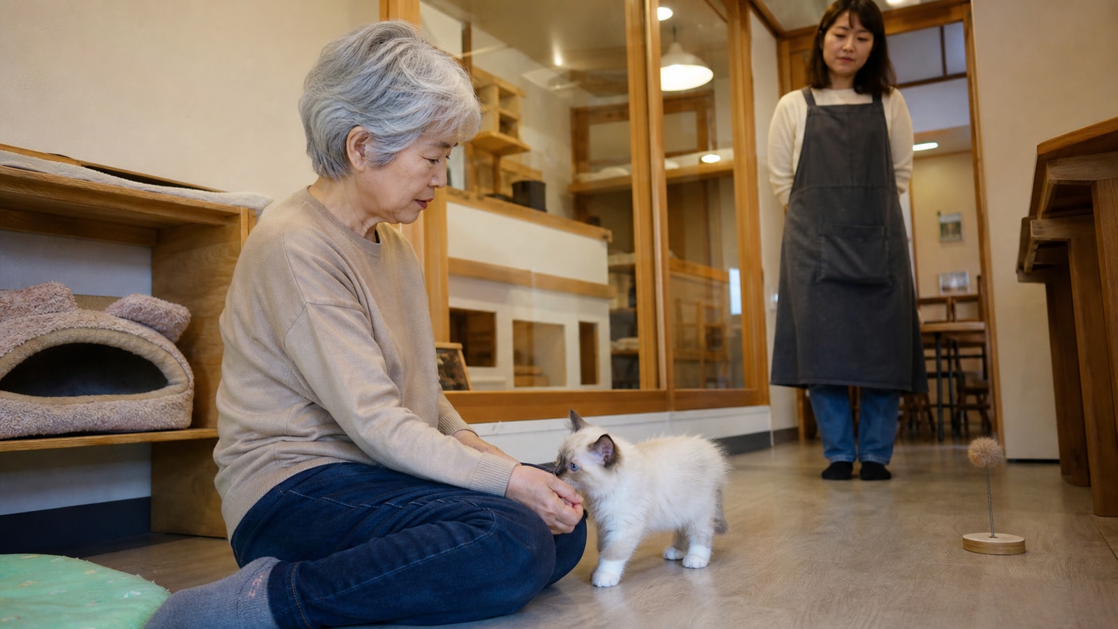 見学スペースで子猫と向き合っている白髪の女性と、離れたところから見守るスタッフ