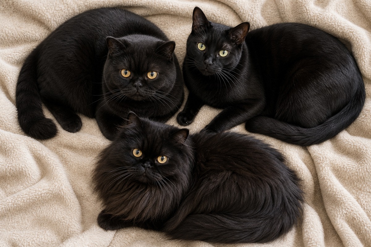 3品種の黒猫を俯瞰で並べた比較カット