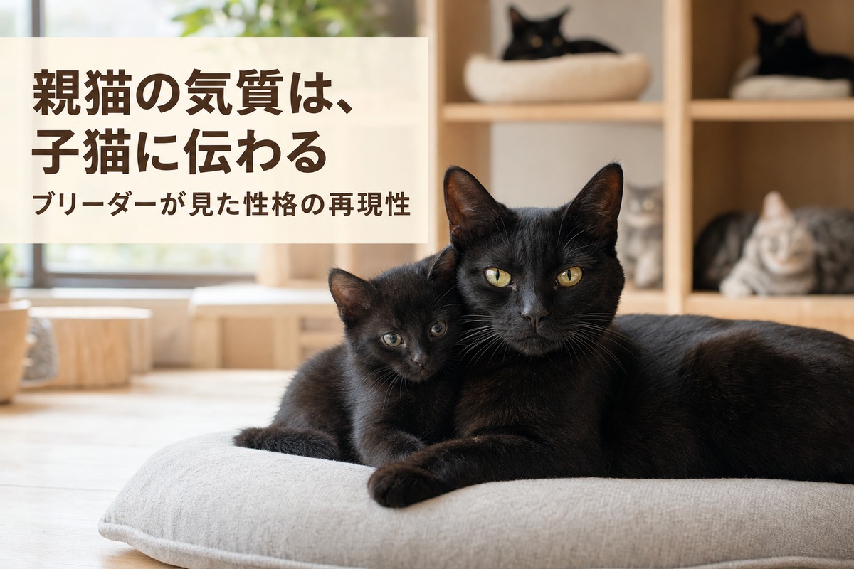 黒猫の親子が寄り添うキャッテリーの一場面