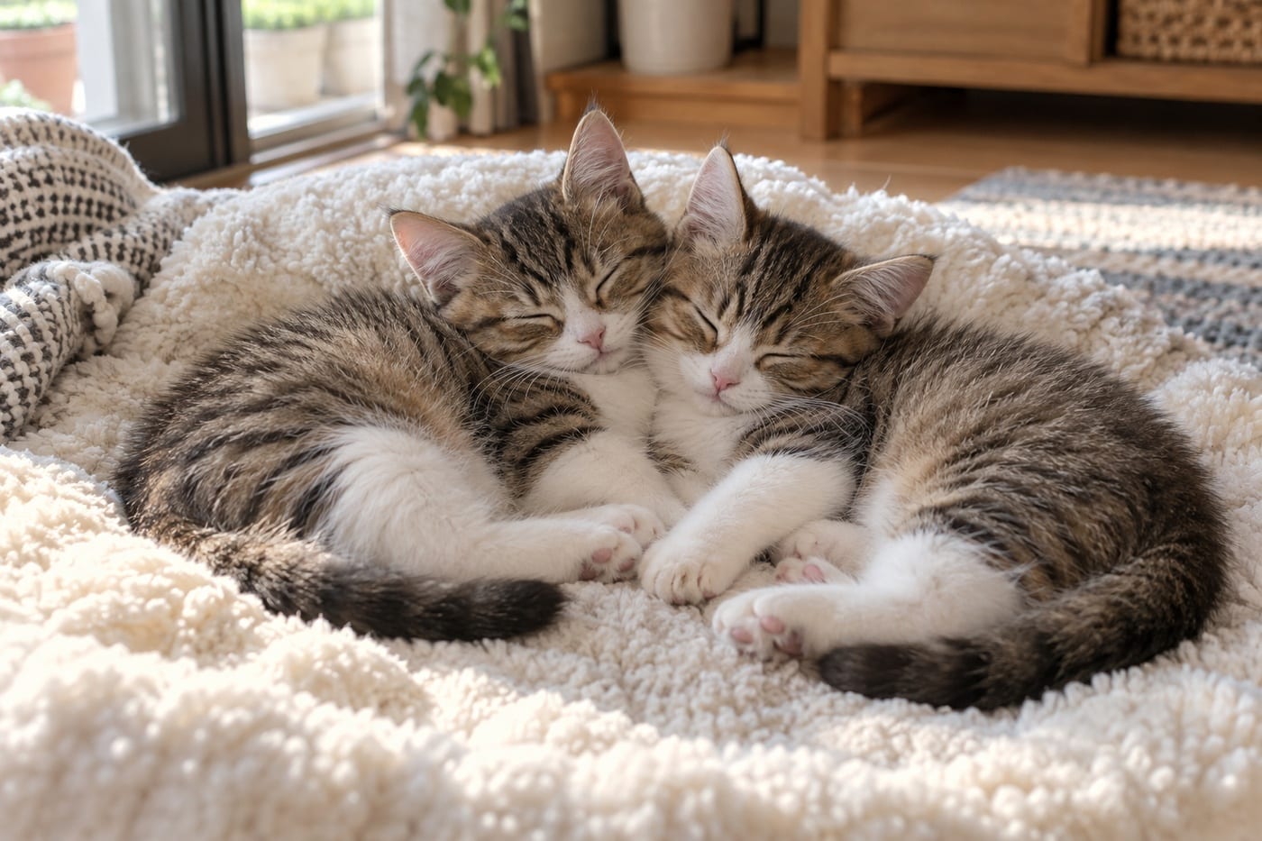 ふかふかの敷物の上で、体をくっつけて丸くなって眠る、同じキジ白の柄の子猫2匹