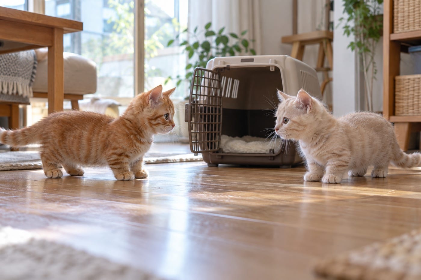 リビングの床で、扉の開いたキャリーケースをはさんで、じっと見つめ合う茶トラとクリーム色の子猫