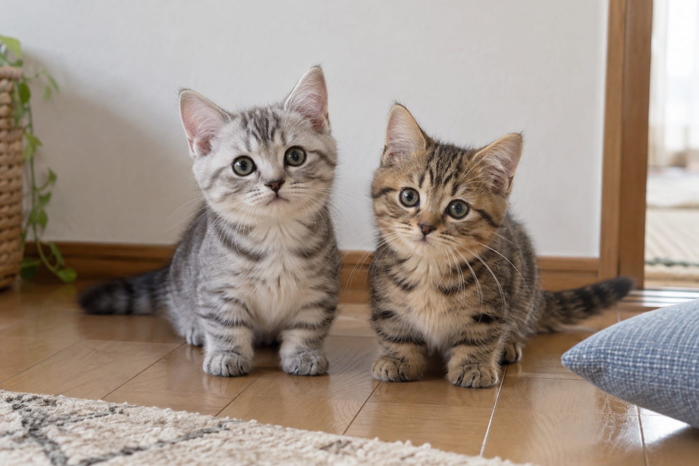 白い壁の前で並んで座る、体の大きさがほぼ同じシルバーの縞とキジトラの子猫2匹